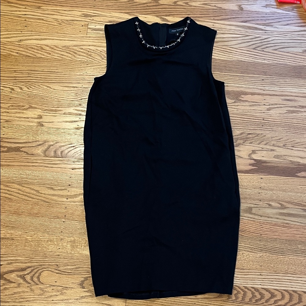 Pink Tartan Black Midi Dress with Embellished Neckline